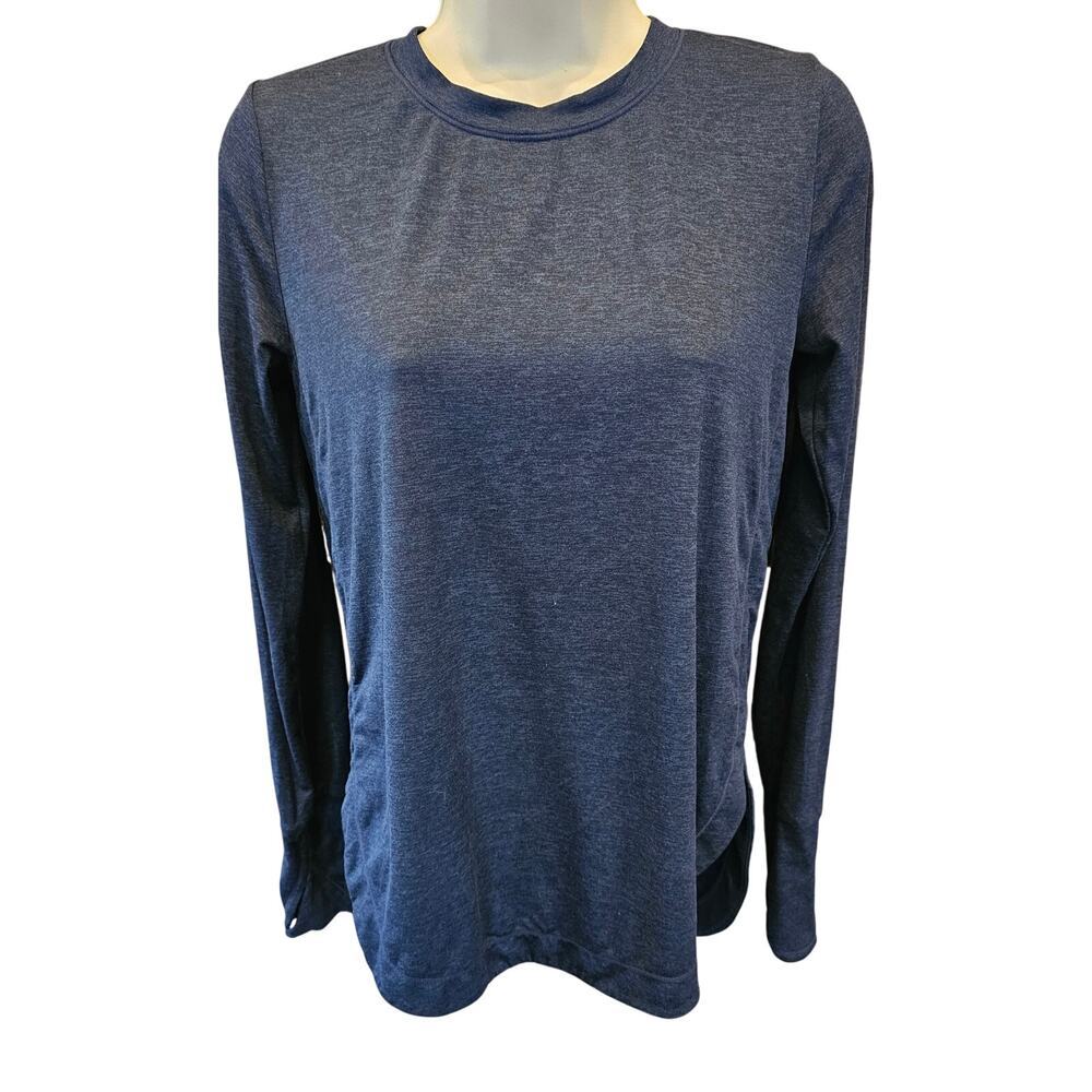 Athleta navy rounded hem revive performance top with thumb holes EUC running XS